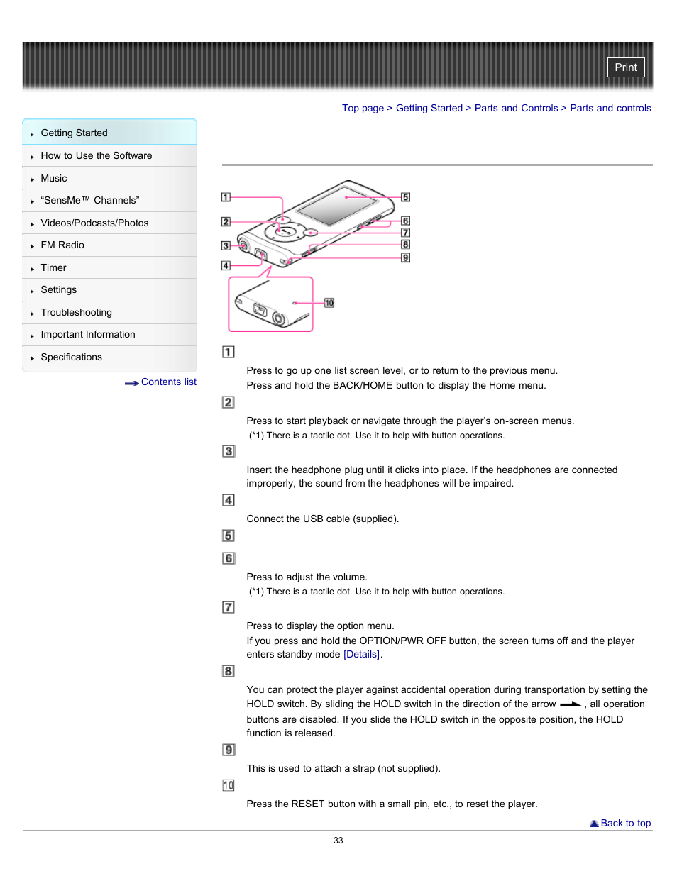 Parts and controls, Details | Sony NWZ-E353RED User Manual | Page 33 / 239