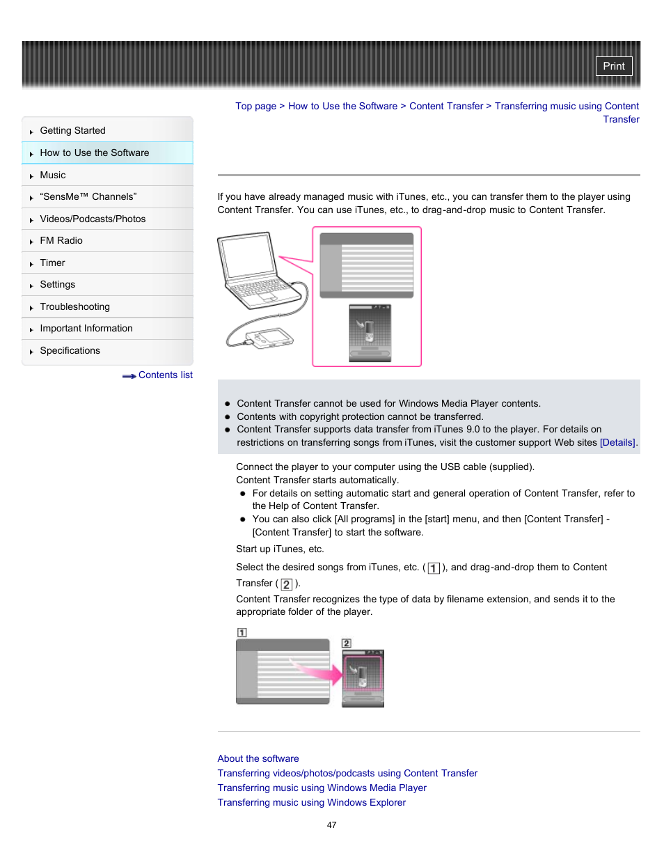 Transferring music using content transfer, Details | Sony NWZ-E353RED User Manual | Page 47 / 239