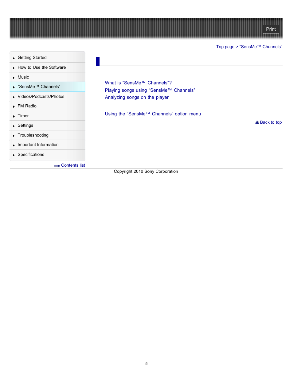 Sensme™ channels | Sony NWZ-E353RED User Manual | Page 5 / 239