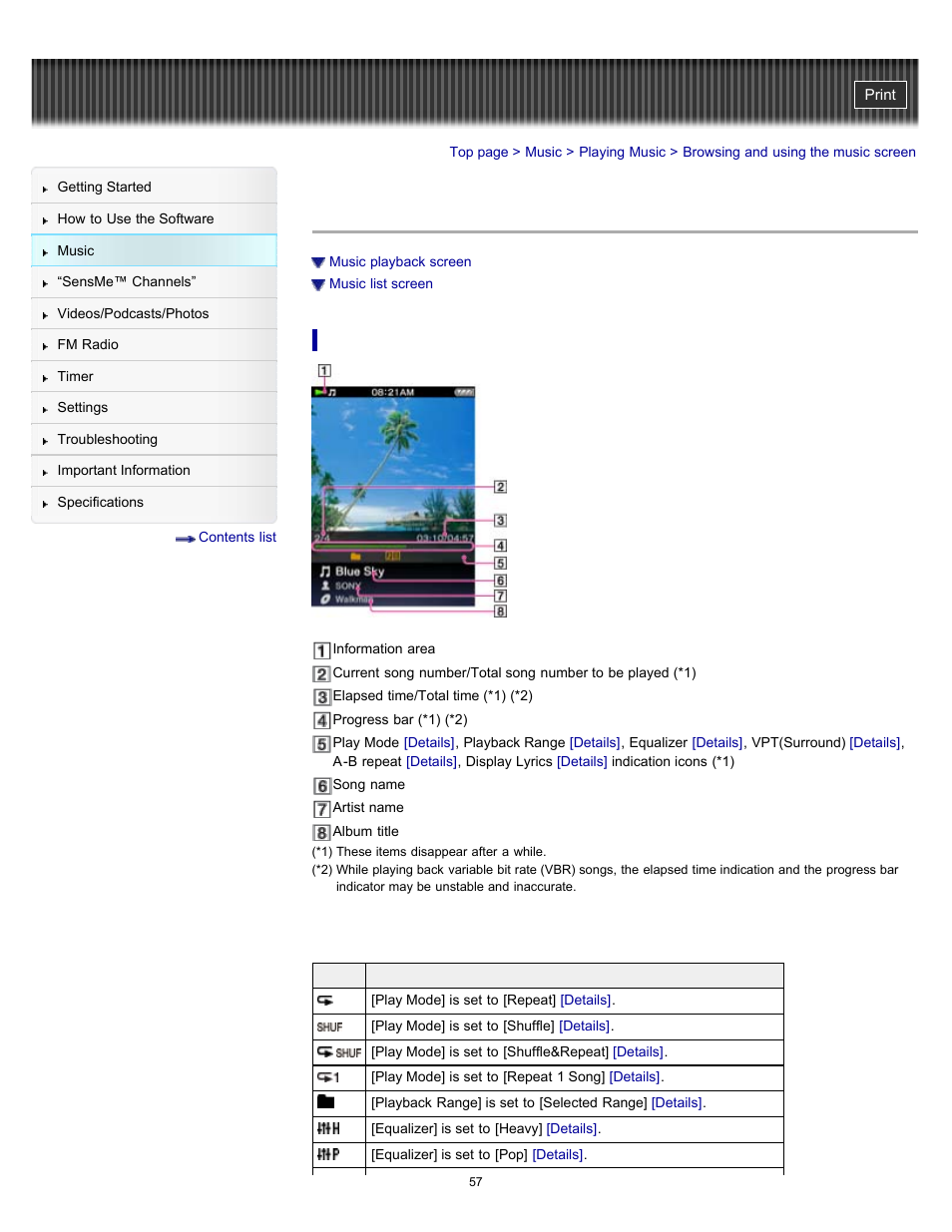 Browsing and using the music screen, Details | Sony NWZ-E353RED User Manual | Page 57 / 239