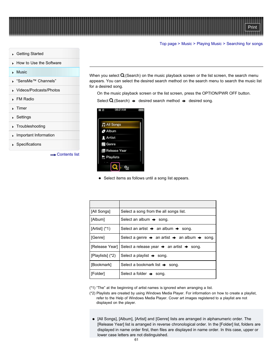 Searching for songs, Details | Sony NWZ-E353RED User Manual | Page 61 / 239