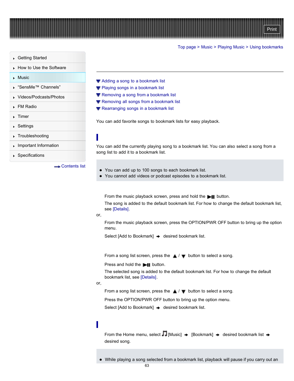 Using bookmarks | Sony NWZ-E353RED User Manual | Page 63 / 239