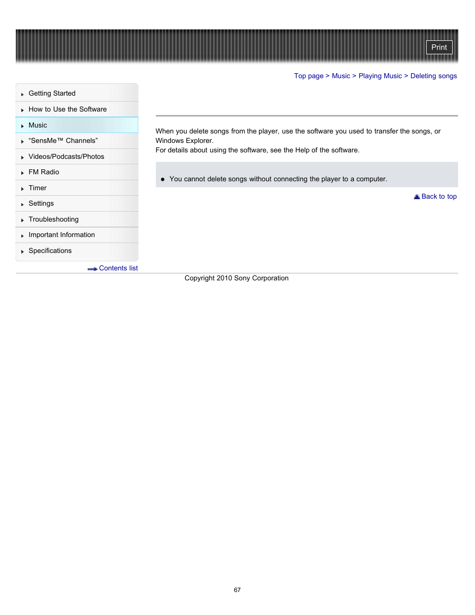 Deleting songs | Sony NWZ-E353RED User Manual | Page 67 / 239