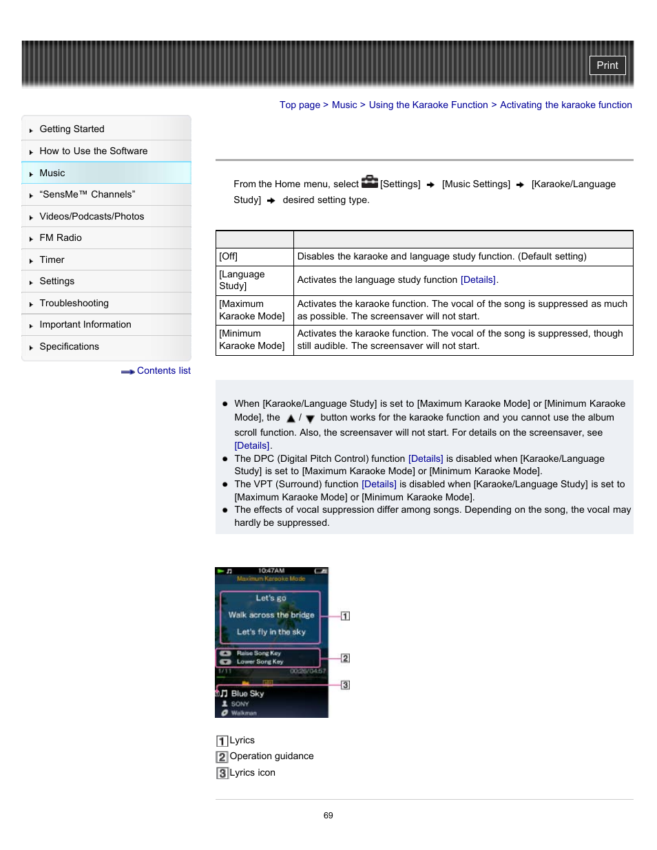 Activating the karaoke function | Sony NWZ-E353RED User Manual | Page 69 / 239