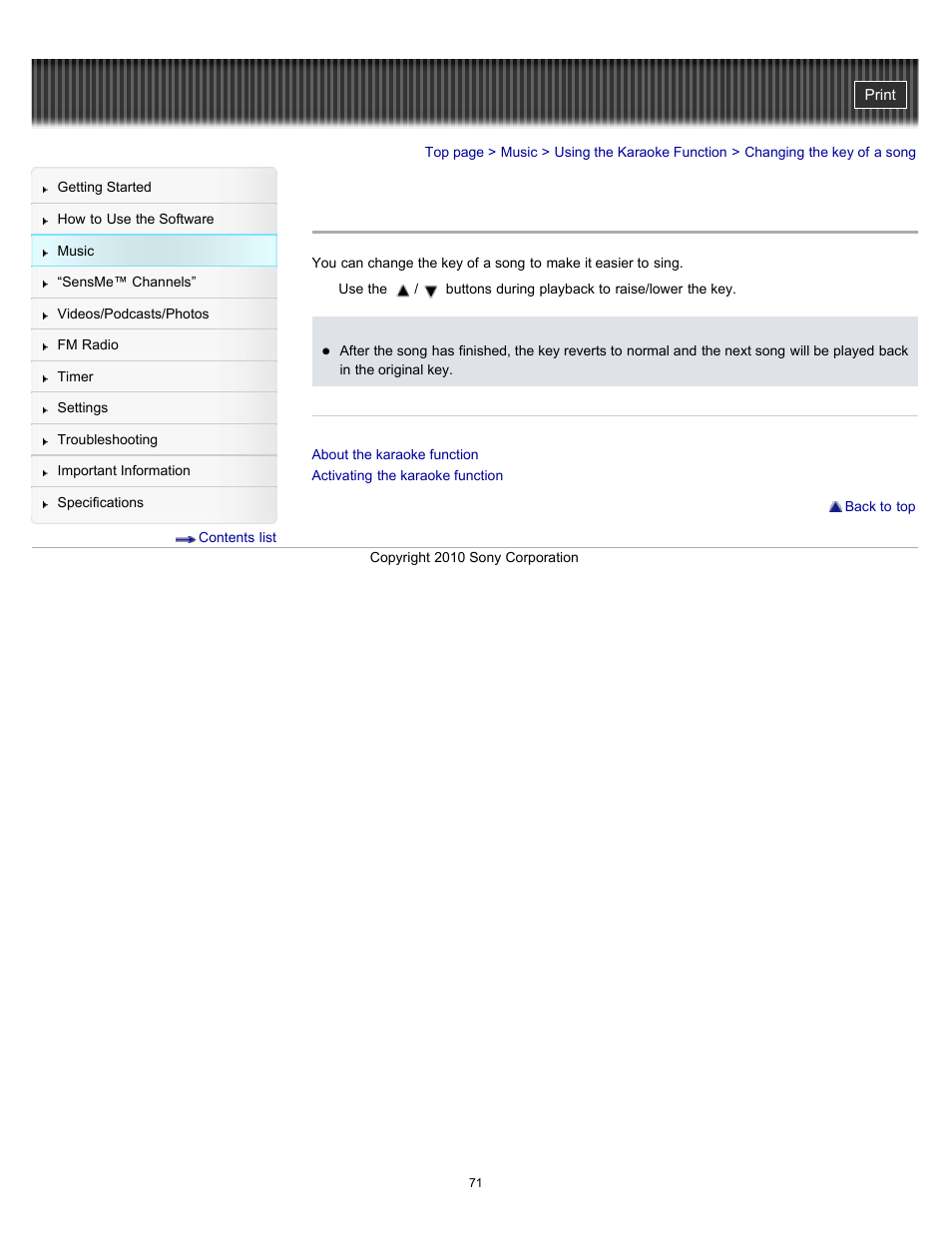 Changing the key of a song | Sony NWZ-E353RED User Manual | Page 71 / 239