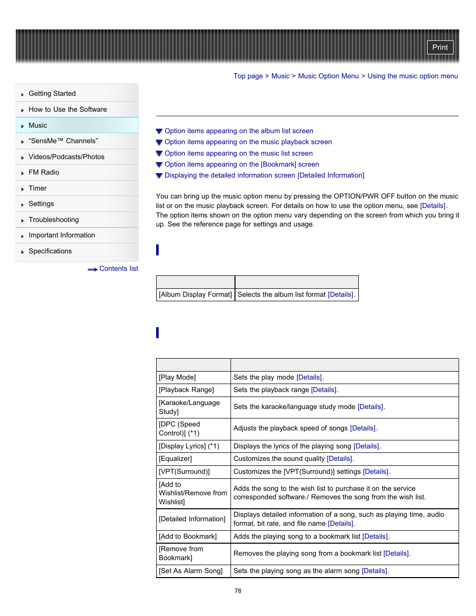 Using the music option menu, Details | Sony NWZ-E353RED User Manual | Page 78 / 239