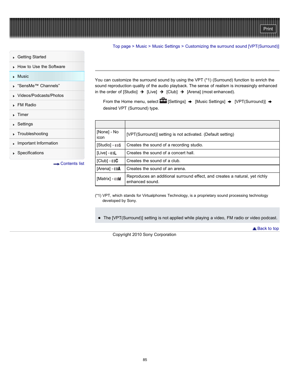 Customizing the surround sound [vpt(surround), Details | Sony NWZ-E353RED User Manual | Page 85 / 239