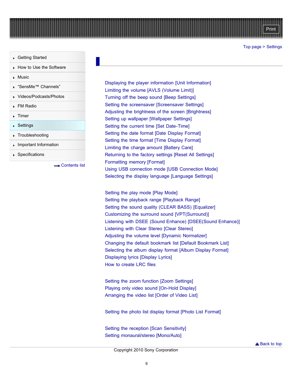 Settings | Sony NWZ-E353RED User Manual | Page 9 / 239