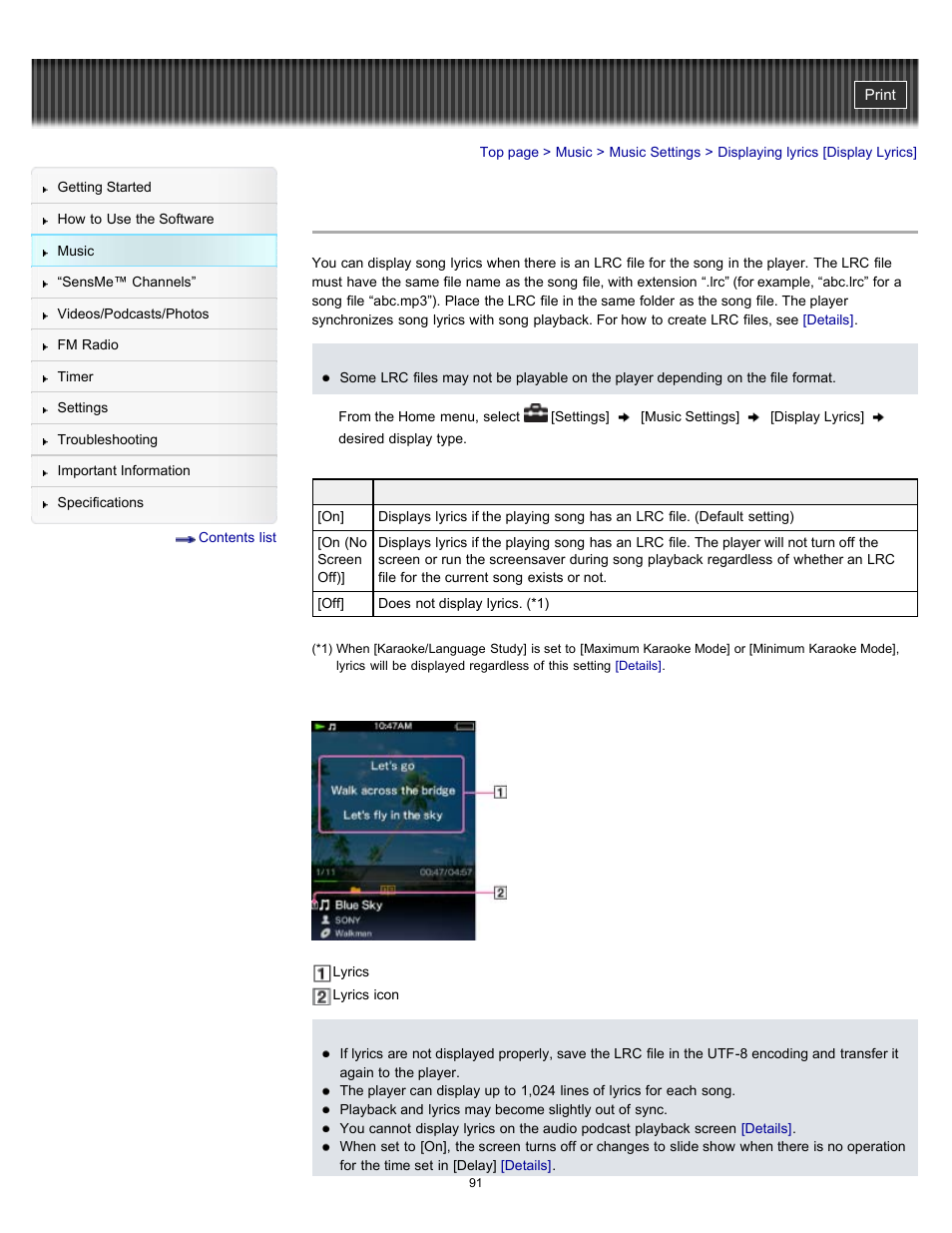 Displaying lyrics [display lyrics, Details | Sony NWZ-E353RED User Manual | Page 91 / 239