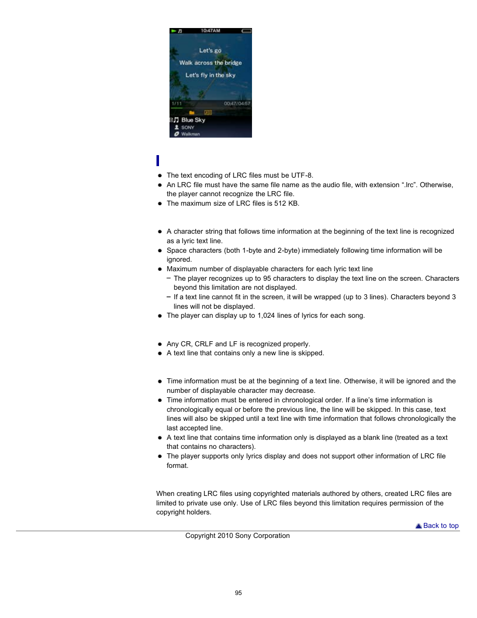 Notes on creating lrc files | Sony NWZ-E353RED User Manual | Page 95 / 239