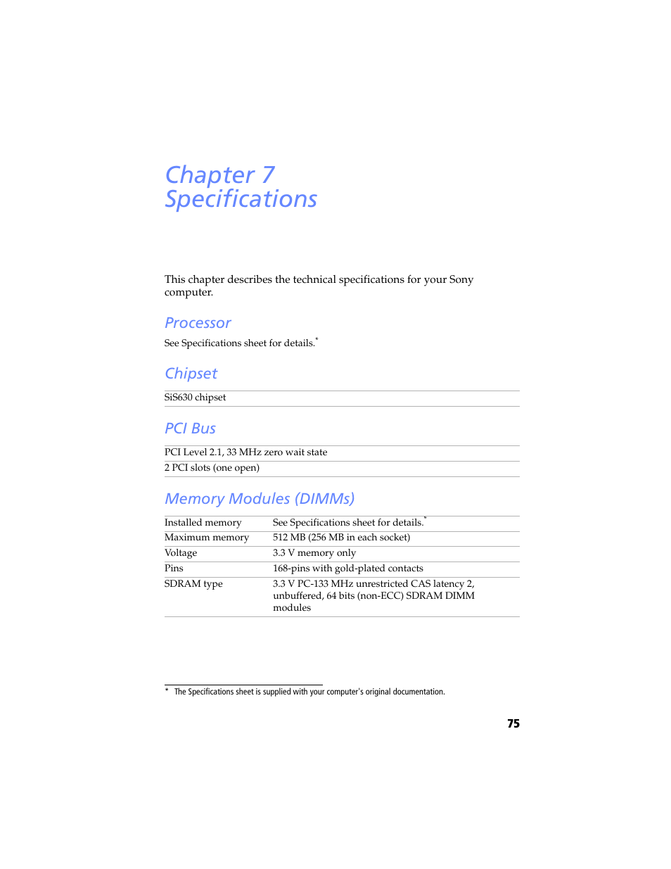 Specifications, Processor, Chipset | Pci bus, Memory modules (dimms), Chapter 7 — specifications, Processor chipset pci bus memory modules (dimms), Chapter 7 specifications | Sony PCV-LX920 User Manual | Page 87 / 94