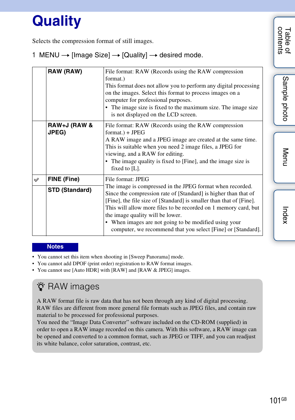 Quality, Raw images | Sony NEX-5R User Manual | Page 101 / 247