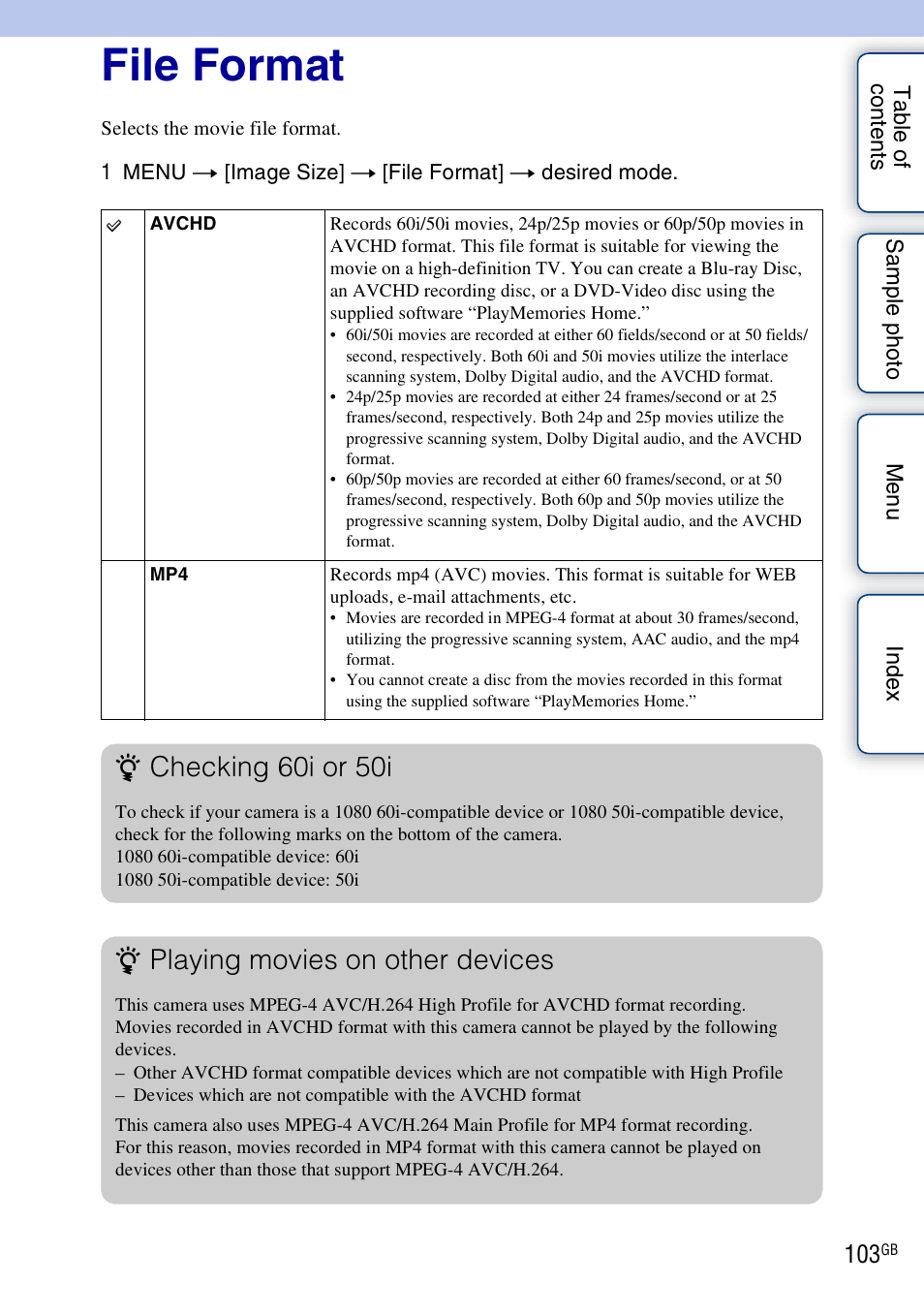 File format, Checking 60i or 50i, Playing movies on other devices | Sony NEX-5R User Manual | Page 103 / 247