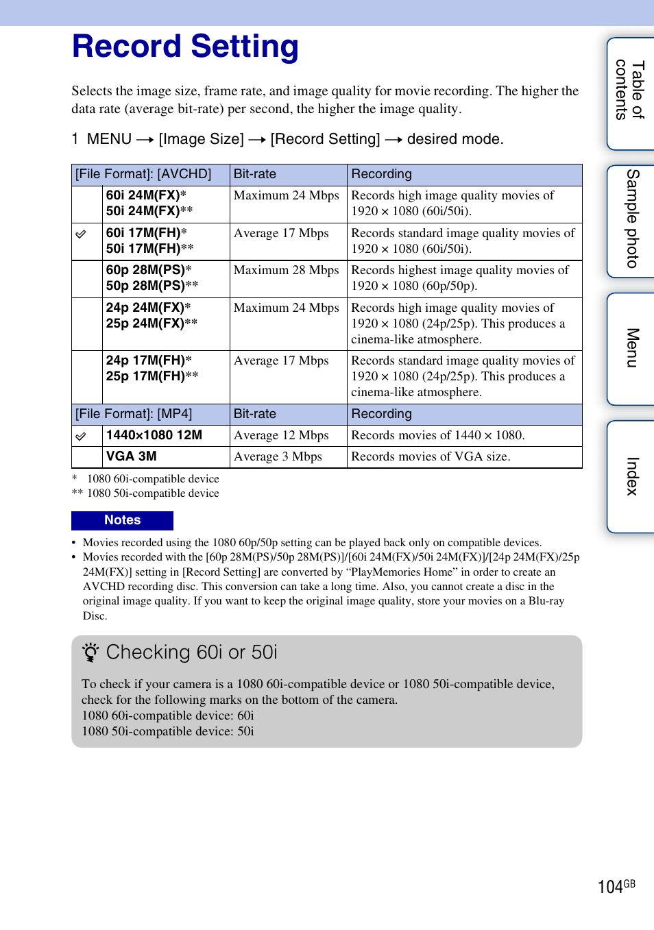 Record setting, Checking 60i or 50i | Sony NEX-5R User Manual | Page 104 / 247