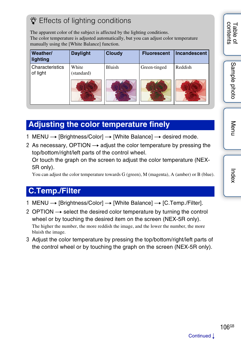 Effects of lighting conditions | Sony NEX-5R User Manual | Page 106 / 247
