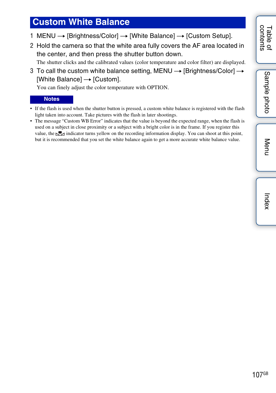 Custom white balance | Sony NEX-5R User Manual | Page 107 / 247