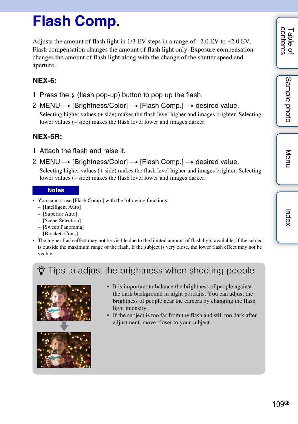 Flash comp, Tips to adjust the brightness when shooting people | Sony NEX-5R User Manual | Page 109 / 247