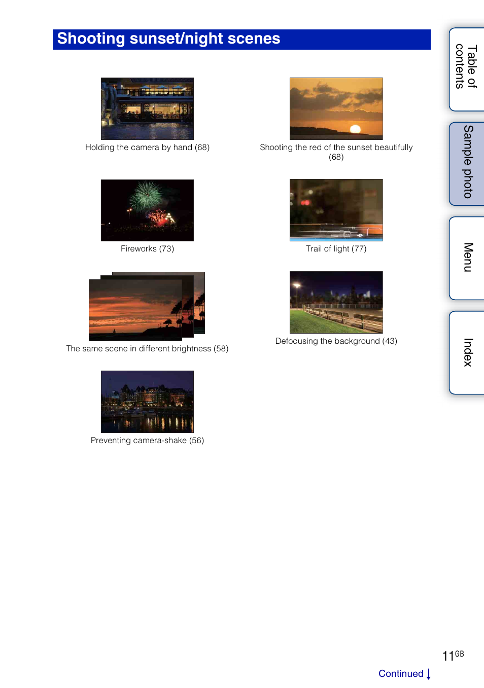 Shooting sunset/night scenes (p, E 11) | Sony NEX-5R User Manual | Page 11 / 247
