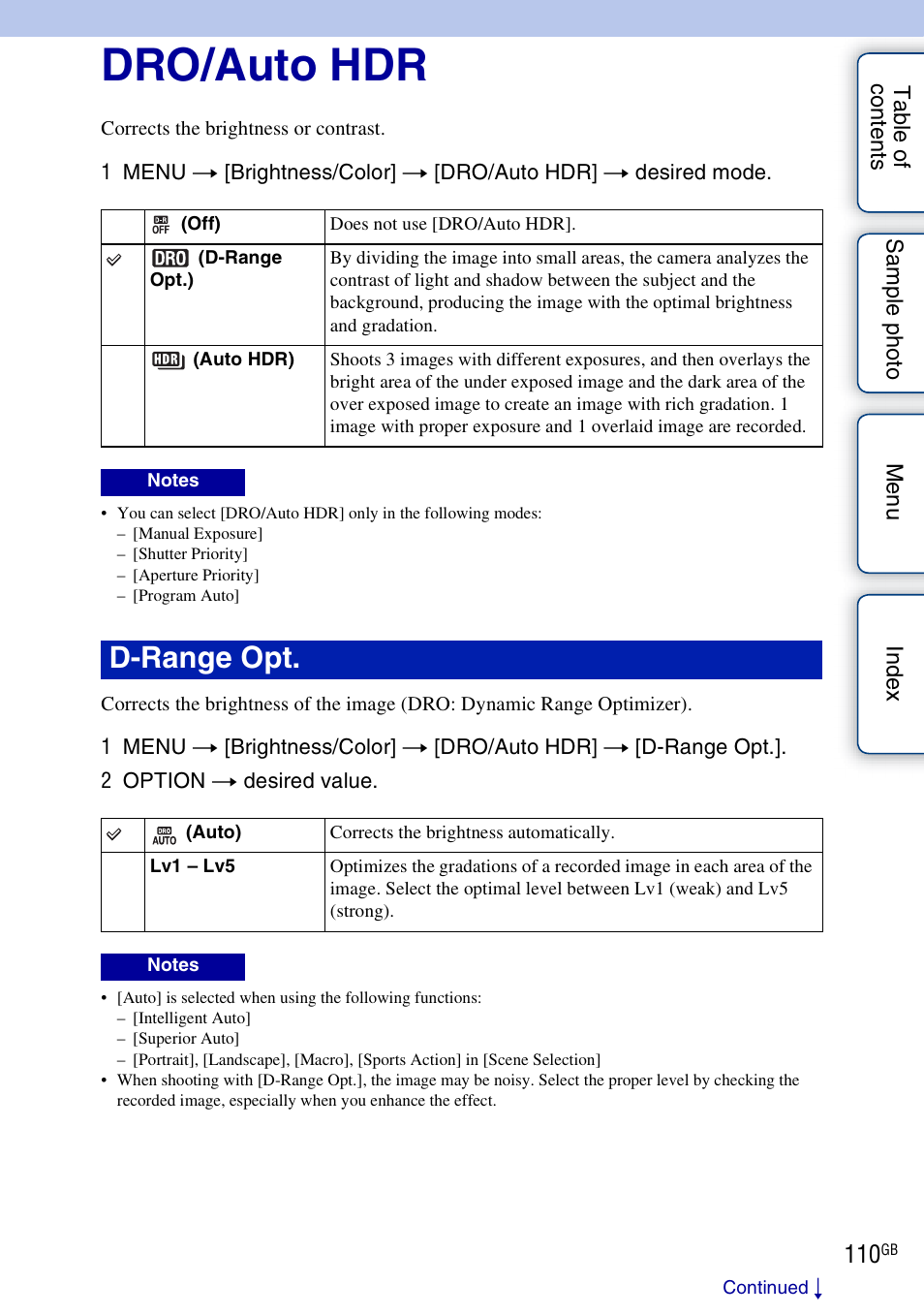 Dro/auto hdr, D-range opt | Sony NEX-5R User Manual | Page 110 / 247