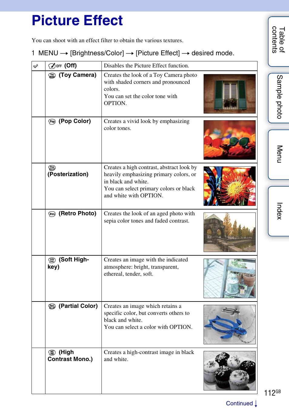 Picture effect, E 112) | Sony NEX-5R User Manual | Page 112 / 247