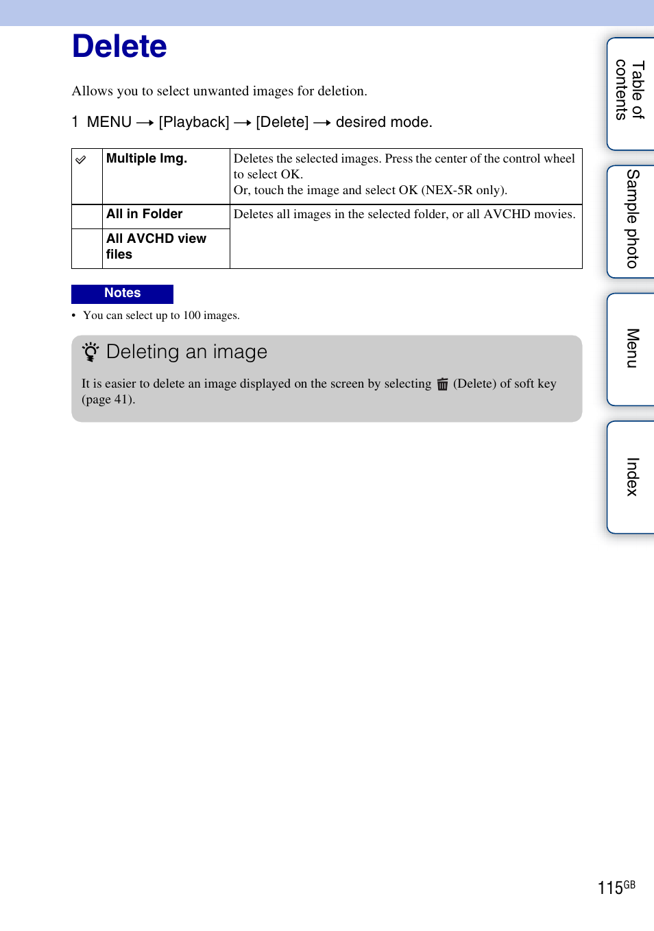Delete, Deleting an image | Sony NEX-5R User Manual | Page 115 / 247