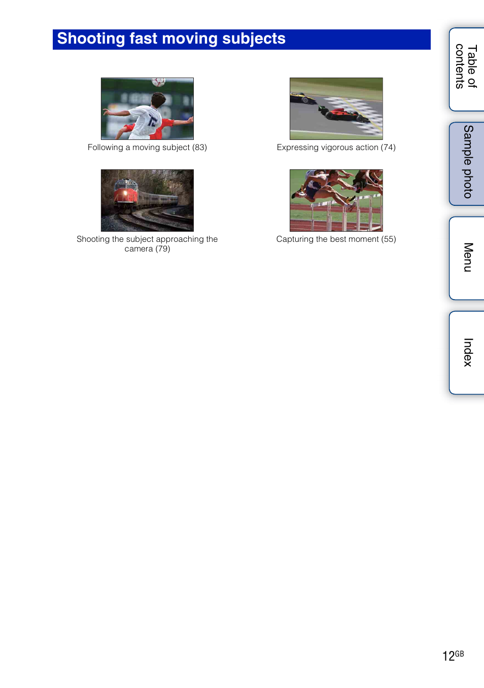 Shooting fast moving subjects, E 12 | Sony NEX-5R User Manual | Page 12 / 247