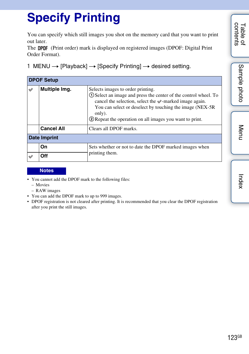 Specify printing | Sony NEX-5R User Manual | Page 123 / 247