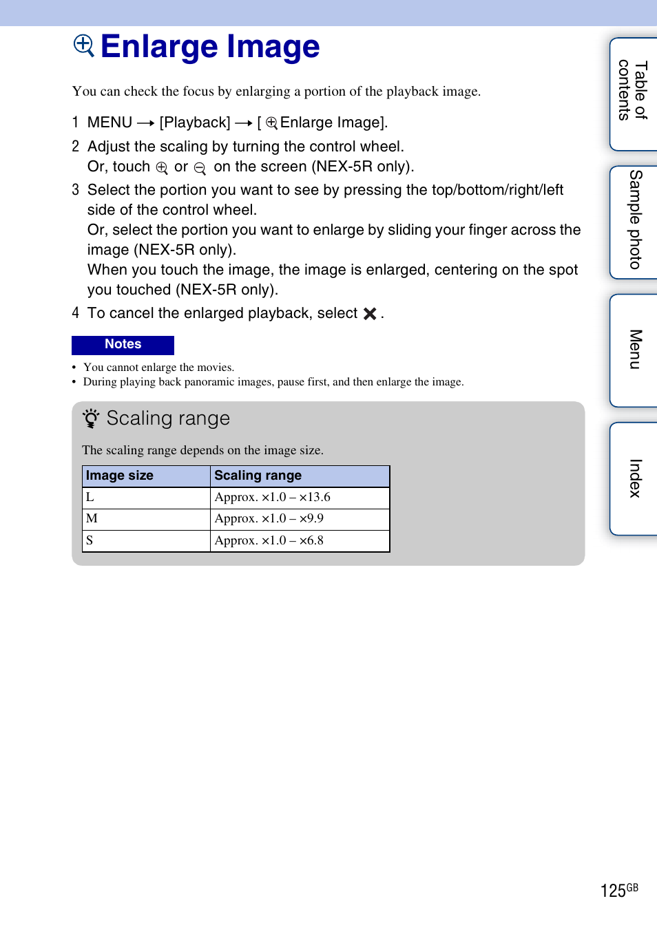 Enlarge image, Scaling range | Sony NEX-5R User Manual | Page 125 / 247
