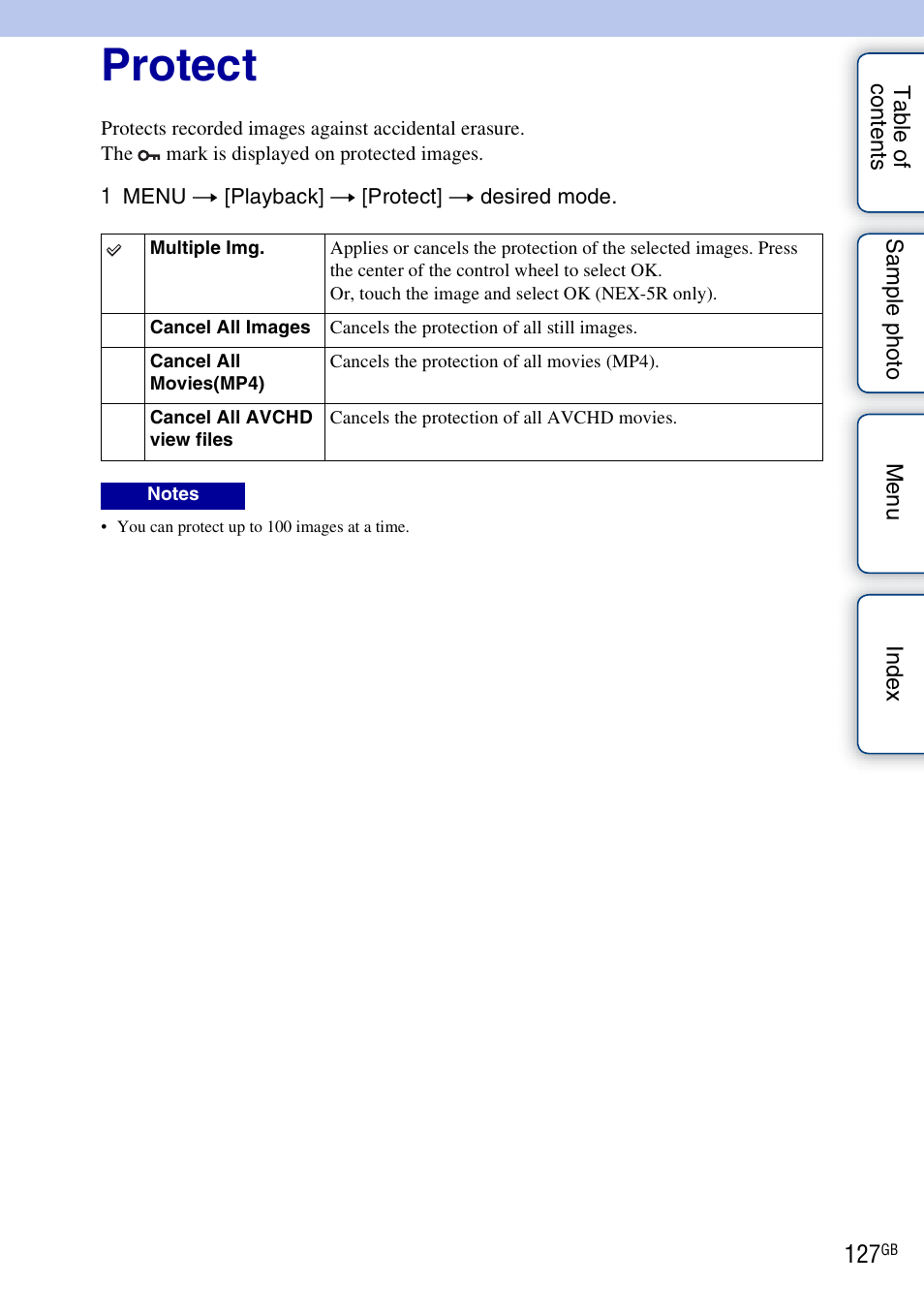 Protect | Sony NEX-5R User Manual | Page 127 / 247