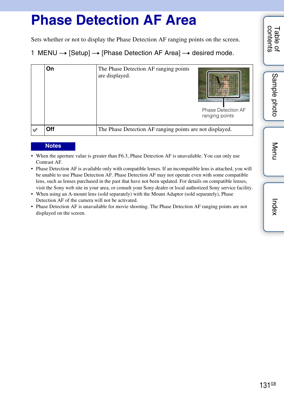 Phase detection af area | Sony NEX-5R User Manual | Page 131 / 247
