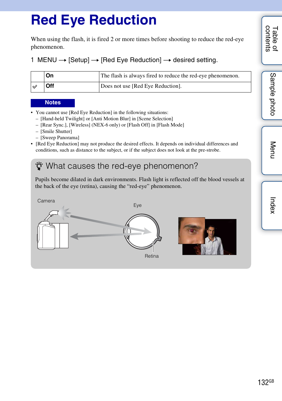 Red eye reduction, What causes the red-eye phenomenon | Sony NEX-5R User Manual | Page 132 / 247