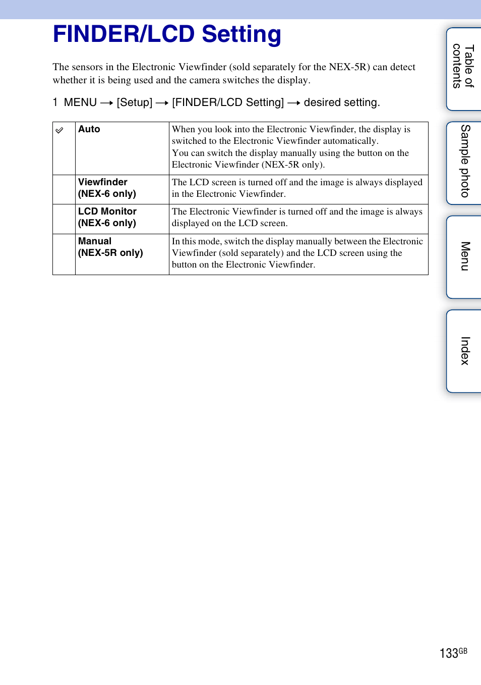 Finder/lcd setting | Sony NEX-5R User Manual | Page 133 / 247
