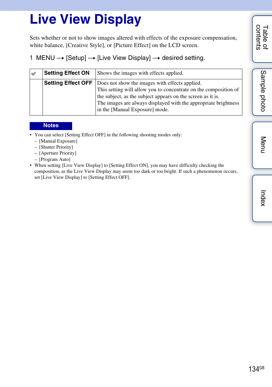 Live view display | Sony NEX-5R User Manual | Page 134 / 247