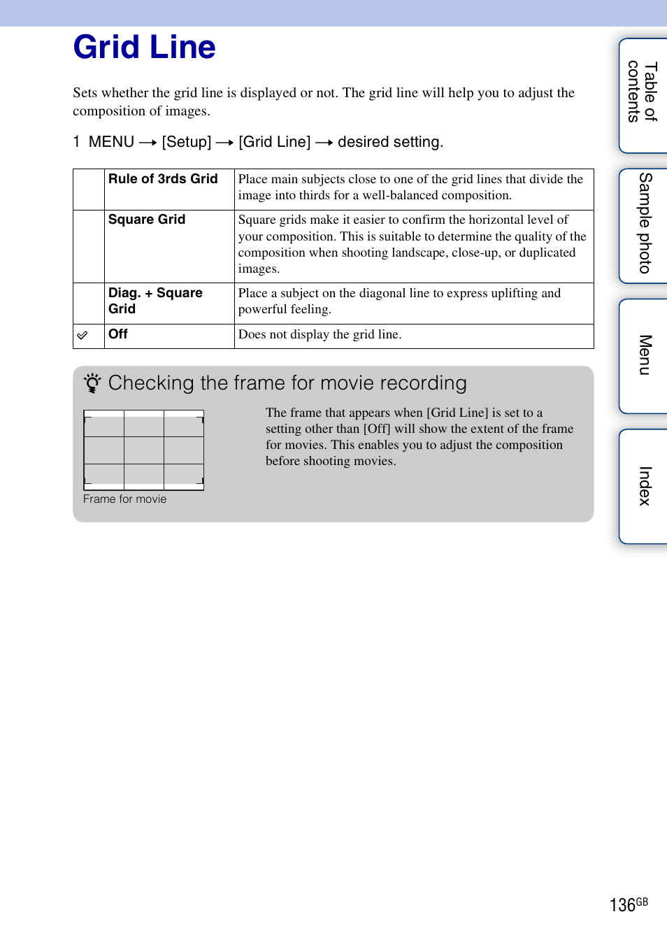 Grid line, Checking the frame for movie recording | Sony NEX-5R User Manual | Page 136 / 247