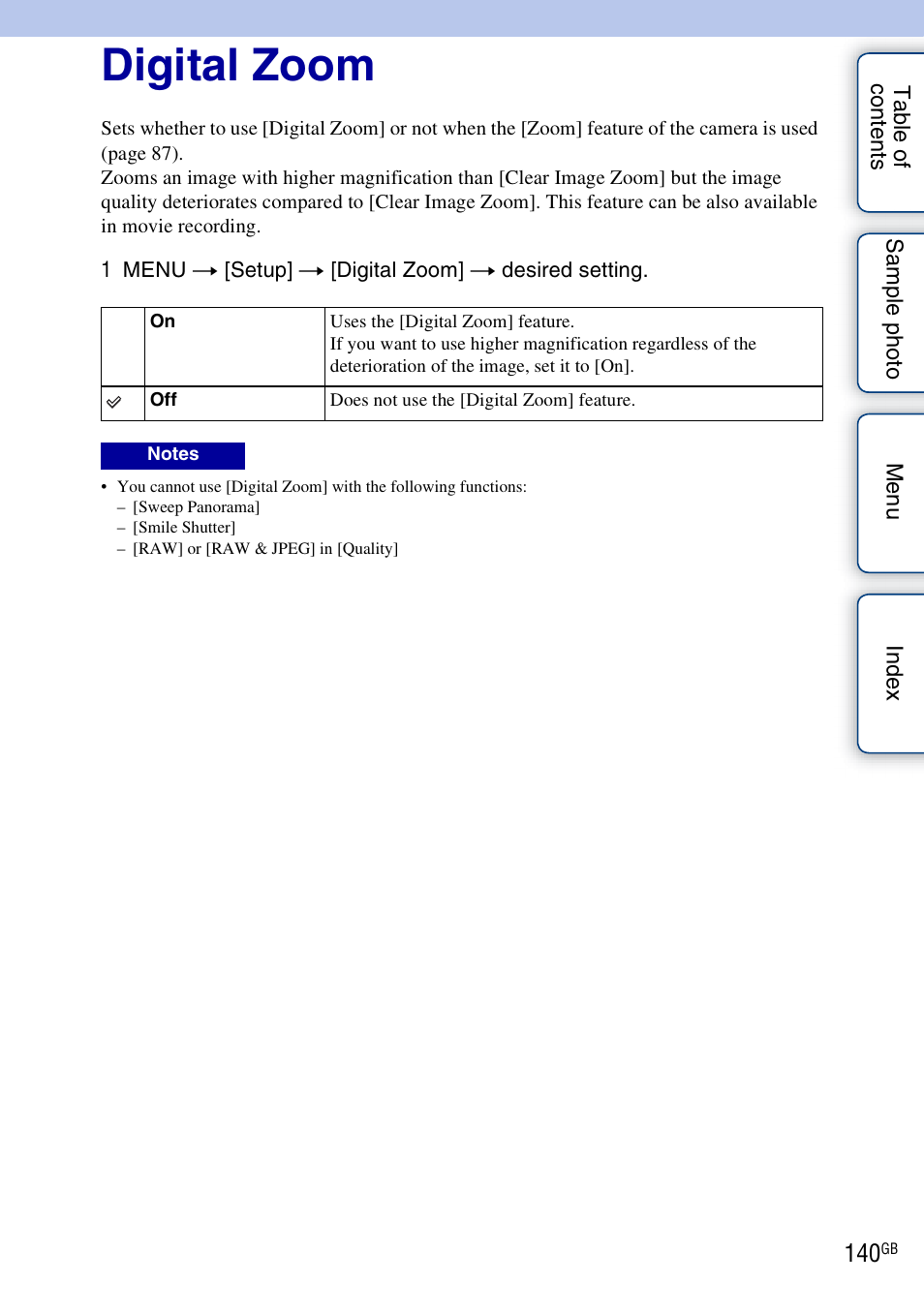Digital zoom, E 140) | Sony NEX-5R User Manual | Page 140 / 247