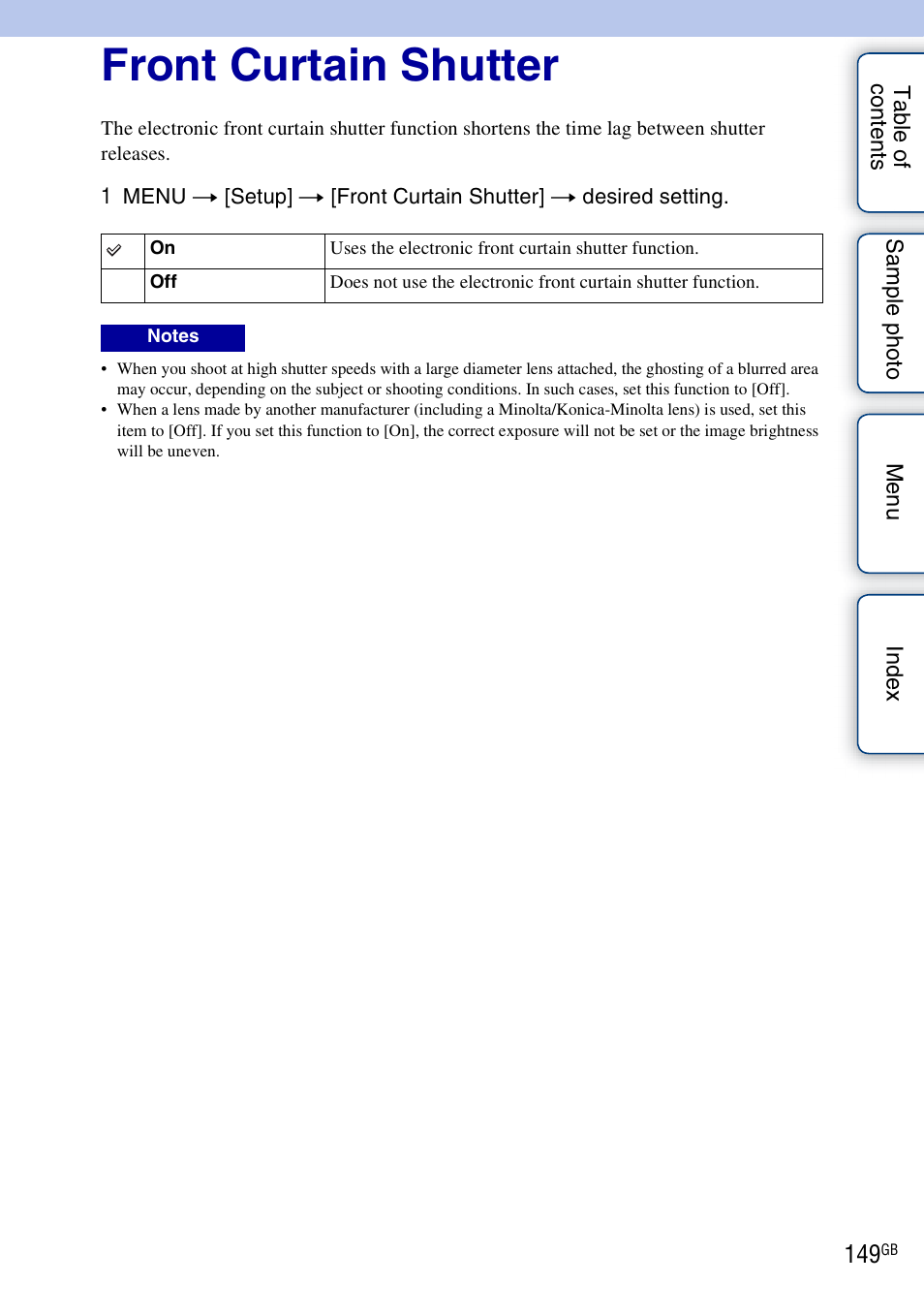 Front curtain shutter | Sony NEX-5R User Manual | Page 149 / 247