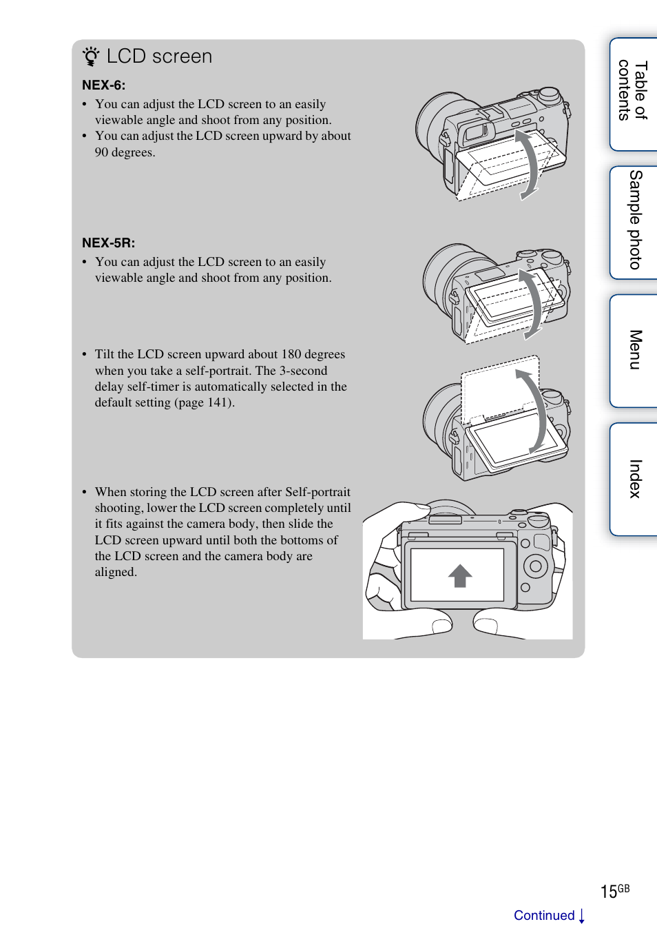 Lcd screen | Sony NEX-5R User Manual | Page 15 / 247