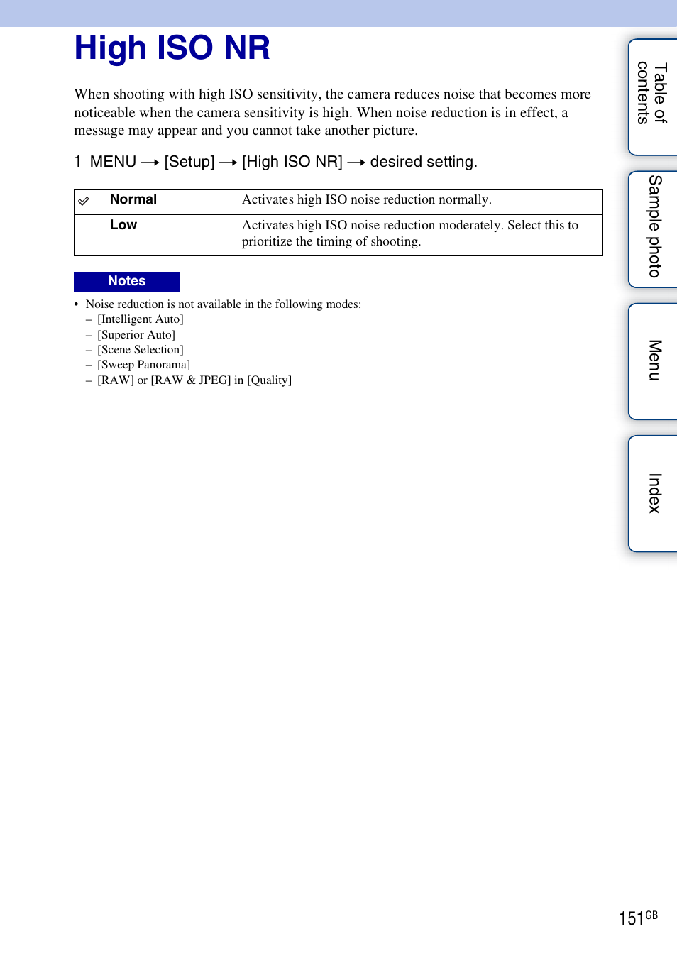 High iso nr | Sony NEX-5R User Manual | Page 151 / 247