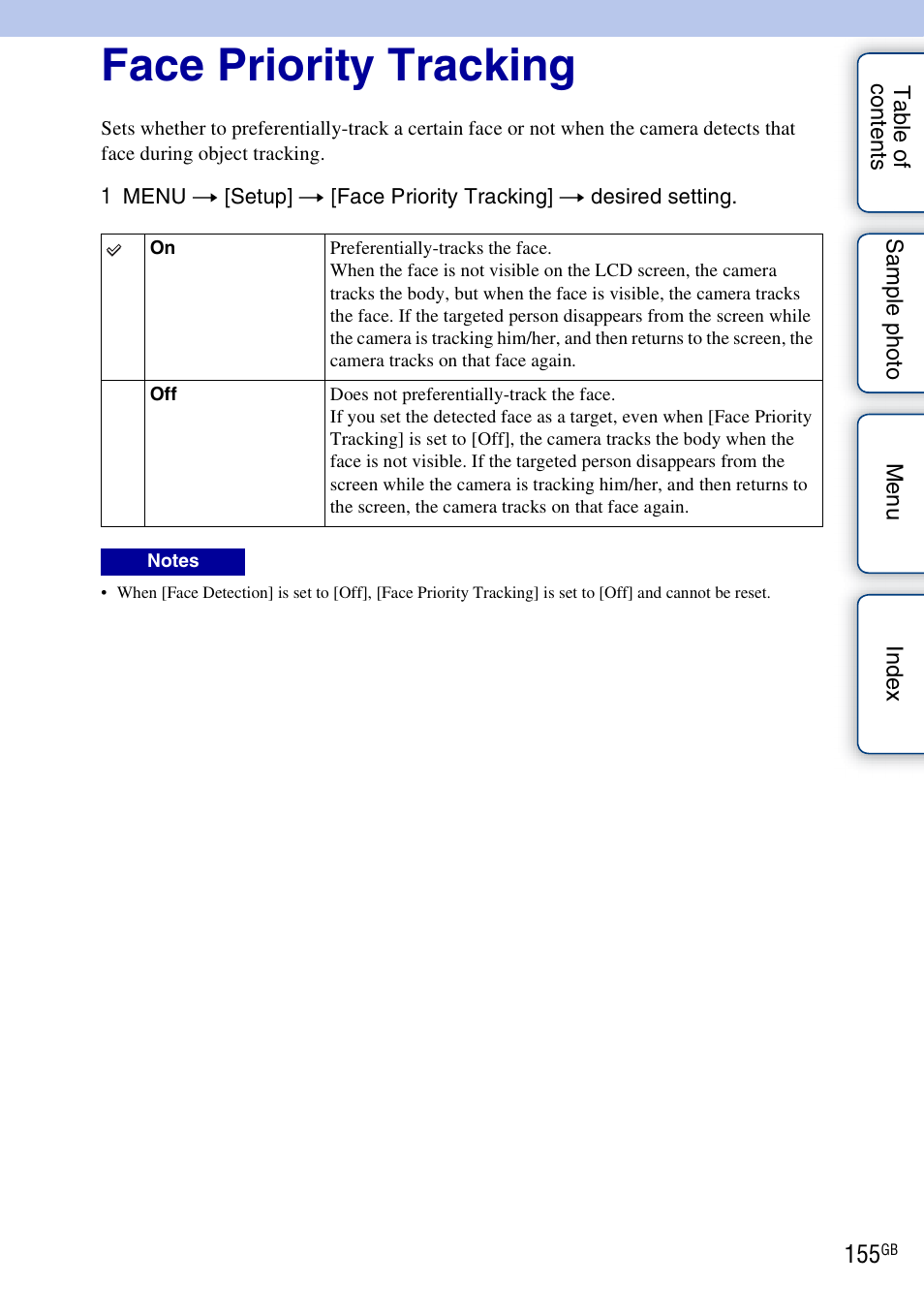 Face priority tracking | Sony NEX-5R User Manual | Page 155 / 247