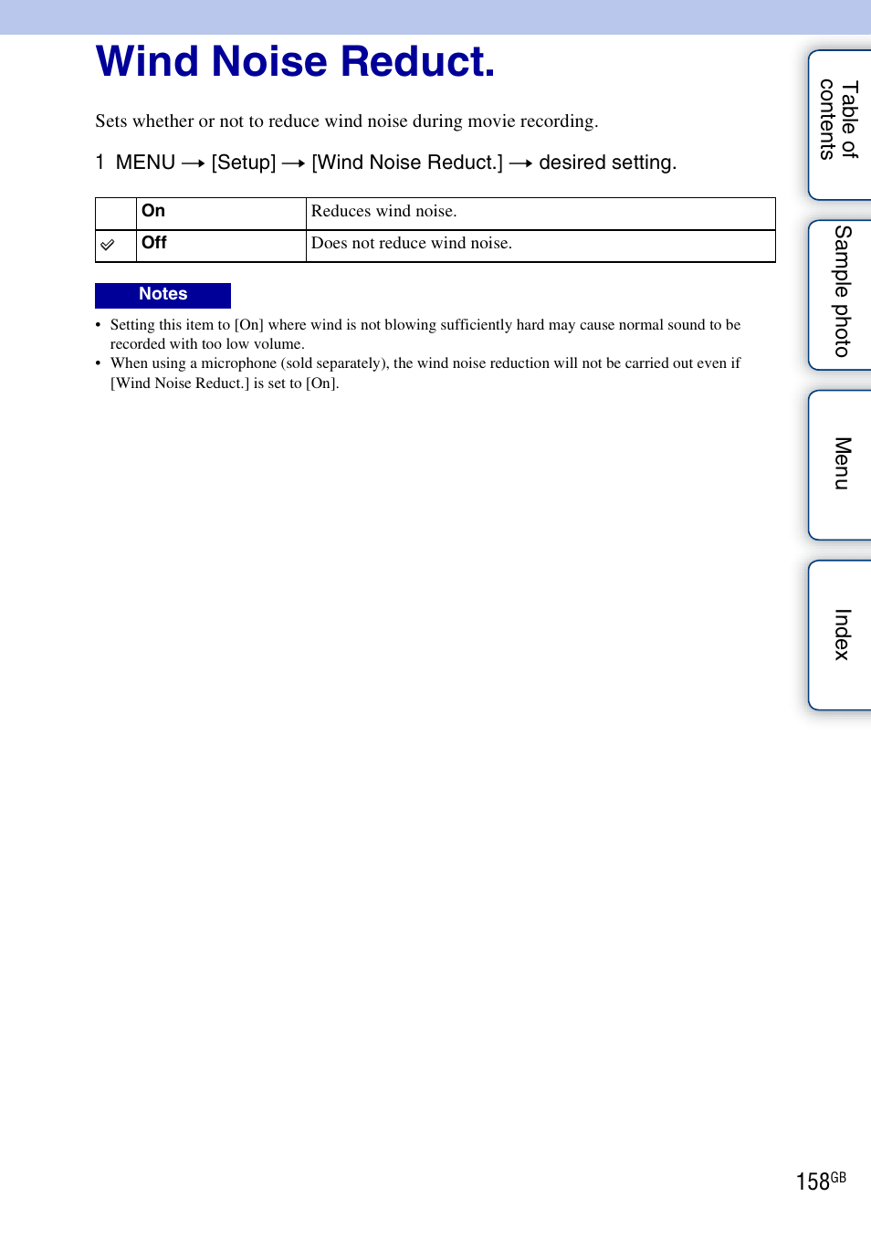 Wind noise reduct | Sony NEX-5R User Manual | Page 158 / 247