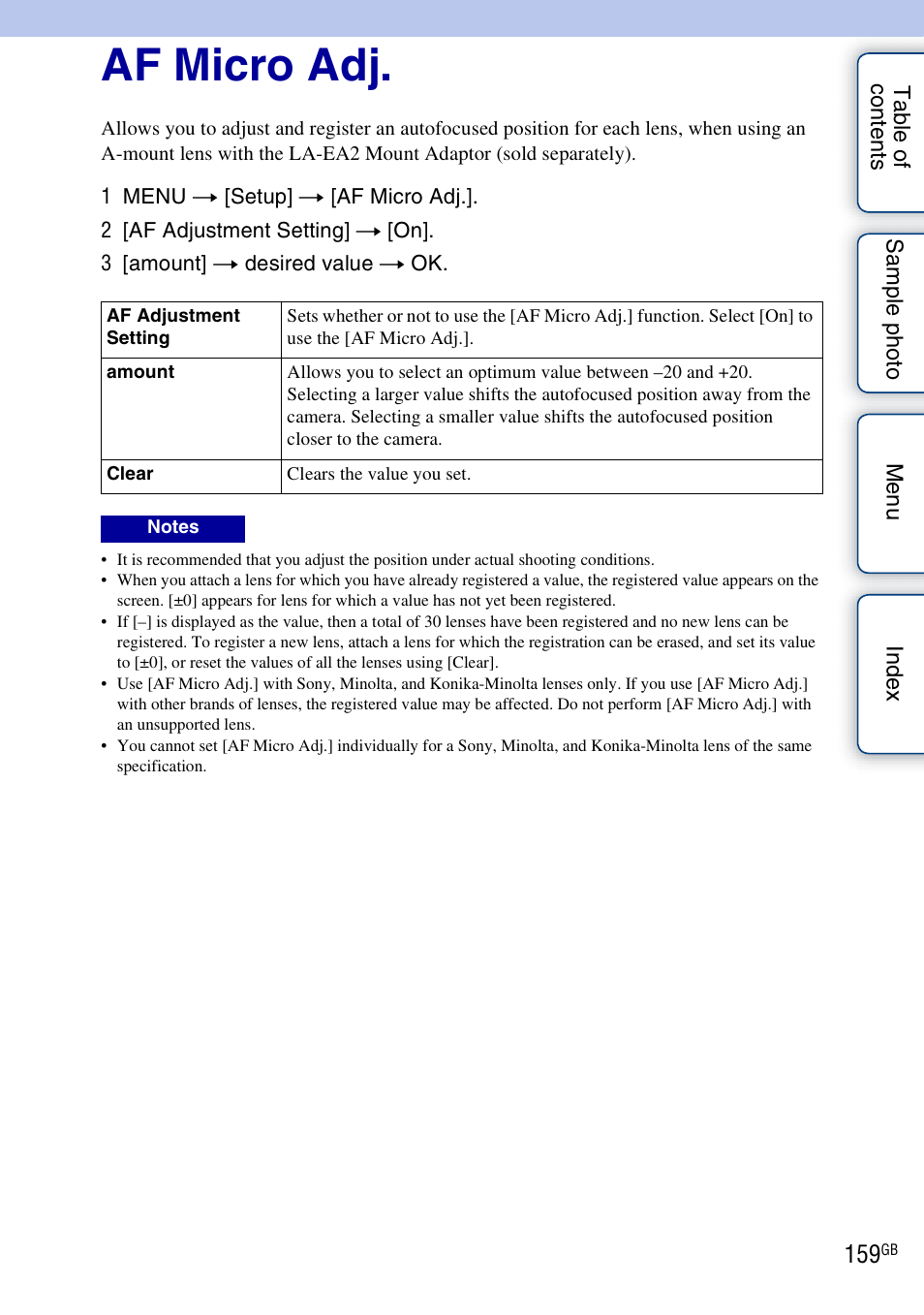 Af micro adj | Sony NEX-5R User Manual | Page 159 / 247
