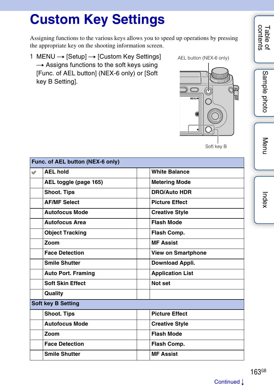 Custom key settings, E 163 | Sony NEX-5R User Manual | Page 163 / 247