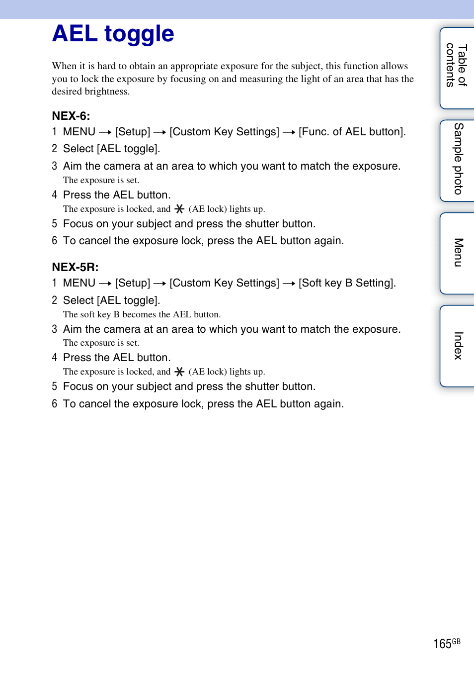 Ael toggle | Sony NEX-5R User Manual | Page 165 / 247