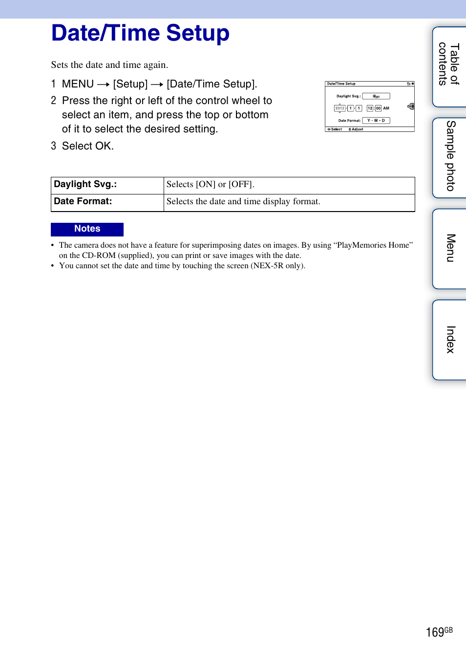Date/time setup | Sony NEX-5R User Manual | Page 169 / 247