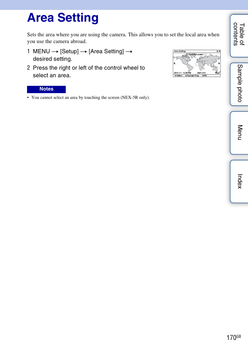Area setting | Sony NEX-5R User Manual | Page 170 / 247