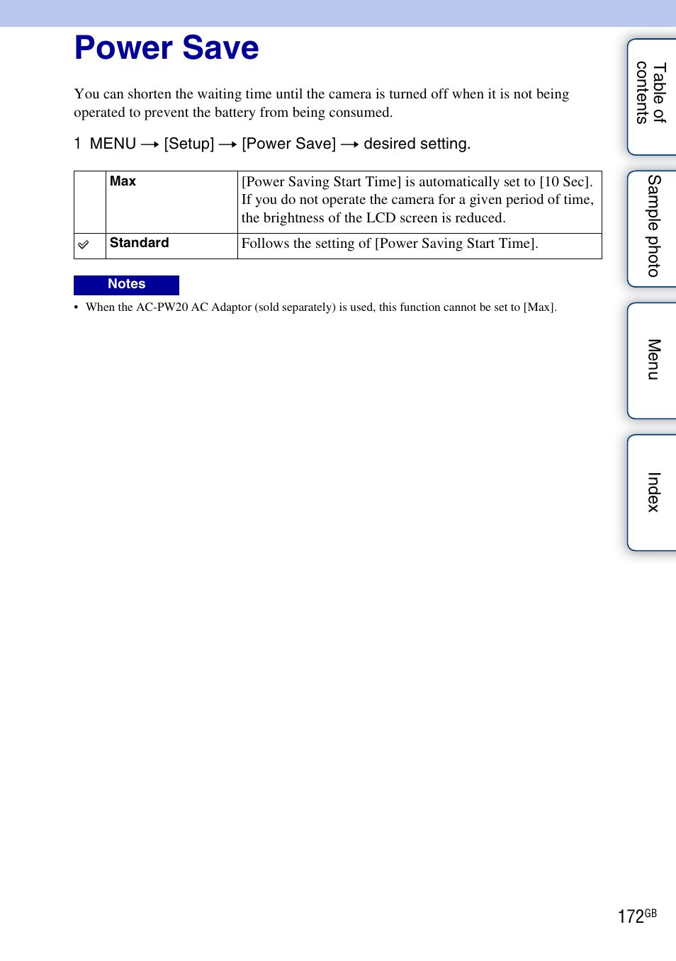 Power save | Sony NEX-5R User Manual | Page 172 / 247