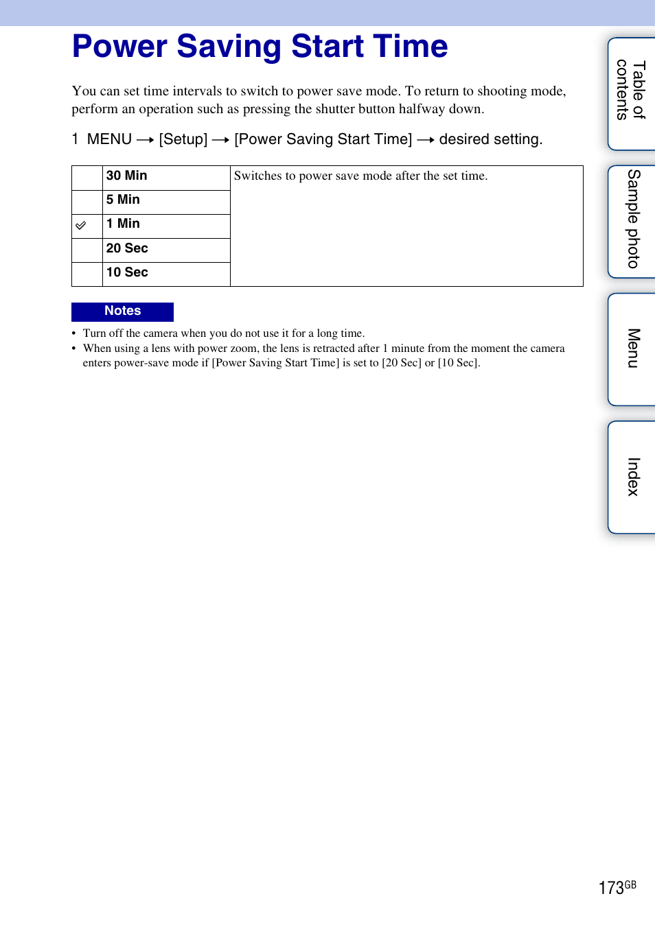 Power saving start time | Sony NEX-5R User Manual | Page 173 / 247