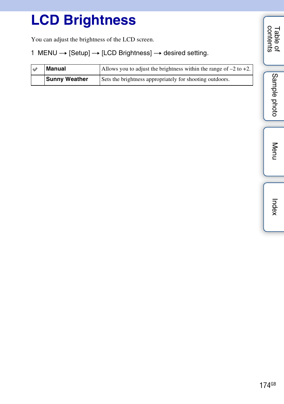 Lcd brightness | Sony NEX-5R User Manual | Page 174 / 247