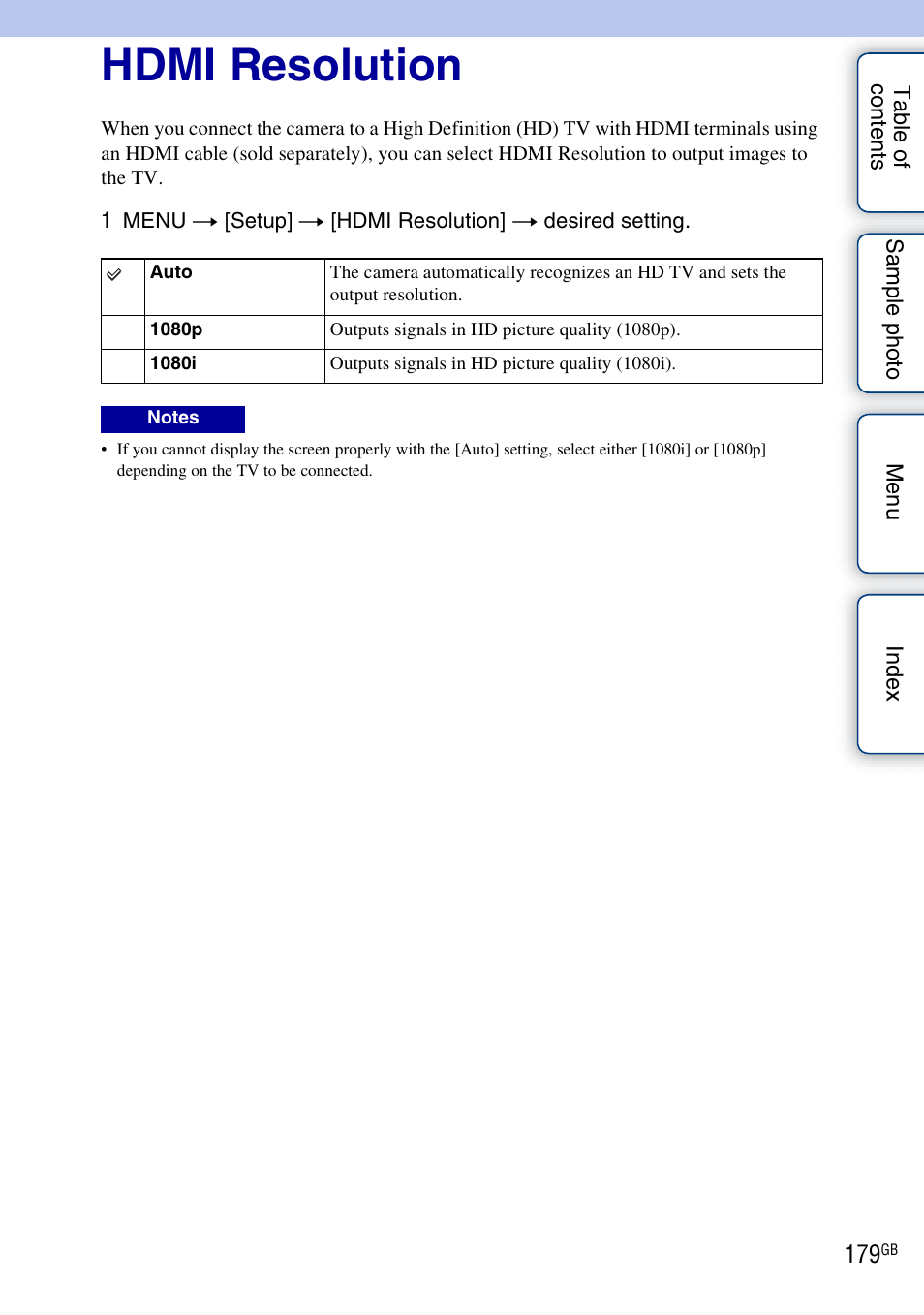 Hdmi resolution | Sony NEX-5R User Manual | Page 179 / 247