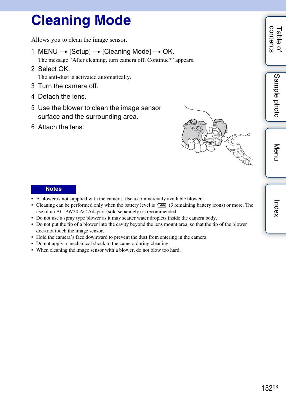 Cleaning mode | Sony NEX-5R User Manual | Page 182 / 247